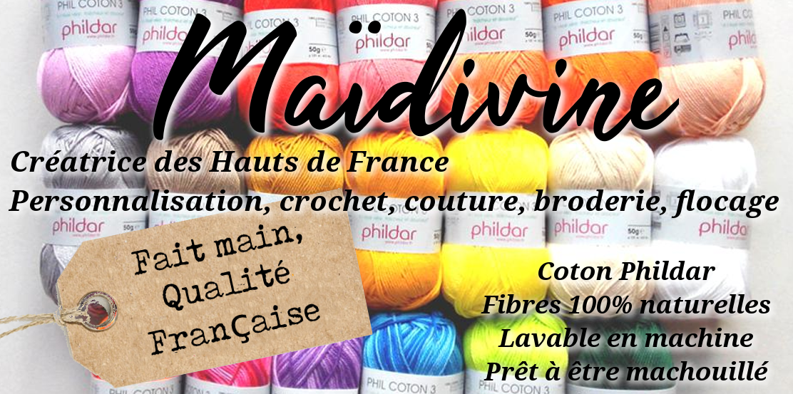 Choisir maïdivine, c'est faire le choix de produits "FAITS MAIN" avec des matériaux de qualité française. Dans une démarche qualitative essentiellement Maïdivine utilise du fil 100 % coton de chez phildar et de la ouate de rembourrage conforme au décret numéro 2000-164 du 23 février 2000! Le plus de maïdivine ? - La possibilité de personnaliser par la broderie et le flocage,le choix de couleur etc... - La durabilité des produits lavables en machine qui résistent aux petites quenotes de nos minis! - un savoir faire français qui allie différentes techniques comme la broderie,le flocage le crochet et la couture pour un seul produit ce qui en fait des produits uniques rarement proposés sur le marché français. - une créatrice à l'écoute de vos besoins, de vos envies, de vos attentes. Et le prix dans tout ça ? Vous aurez chez Maïdivine le meilleurs rapport qualité/prix, celui de la qualité d'une création artisanale des hauts de france !